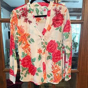 Vibrant Floral Blouse - White with Red and Orange